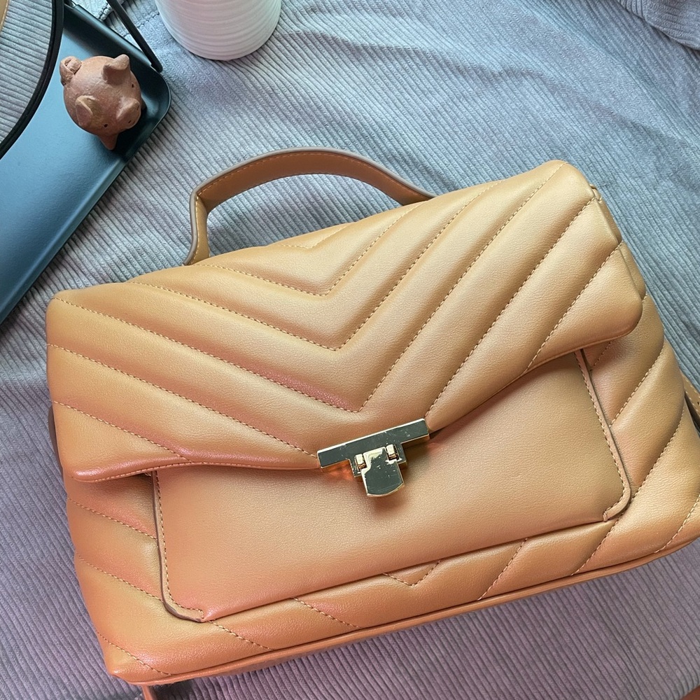 Quilted Top Handle Satchel Handbag in Caramel - A New Day